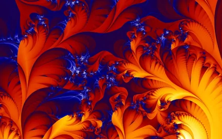 An intricate abstract fractal design featuring vibrant orange and blue swirls, creating a dynamic and visually striking HD desktop wallpaper.