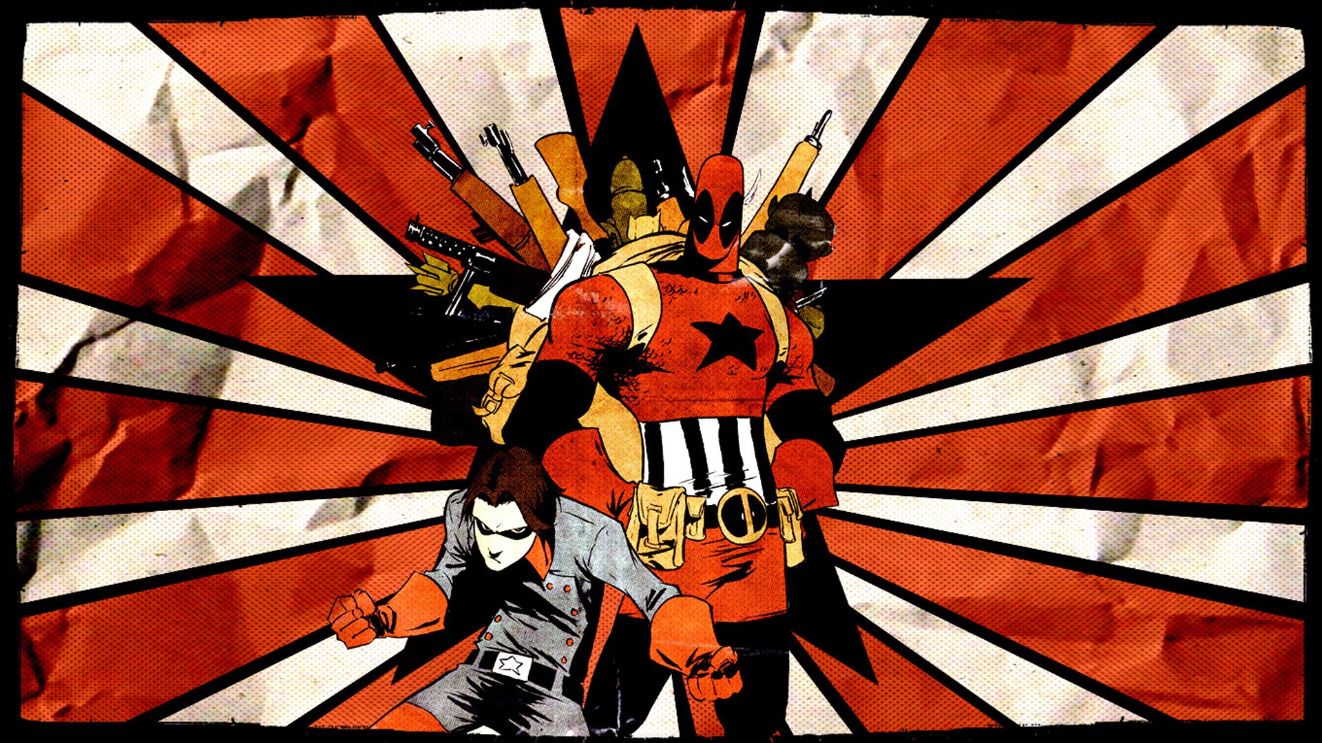 HD wallpaper featuring Deadpool and Cable, showcasing vibrant comic-style artwork with dynamic poses against a bold red and black starburst background.