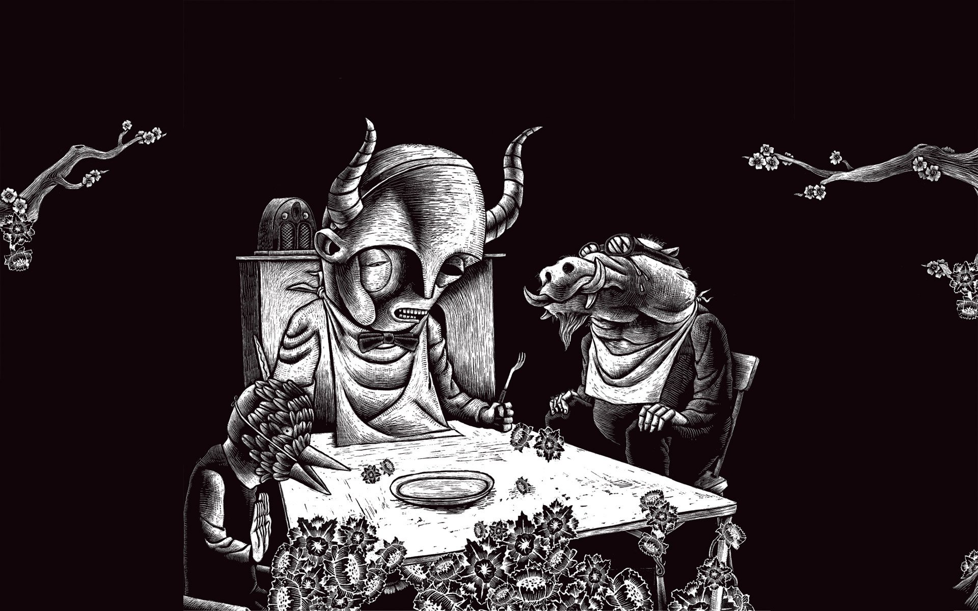 Artistic black and white drawing of two surreal creatures playing a board game at a table, detailed with intricate patterns, designed as a HD PC desktop wallpaper.