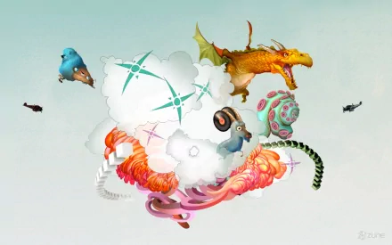 A vibrant HD wallpaper featuring whimsical creatures and elements, including a dragon, amidst colorful clouds. A creative man-made design showcasing imaginative artistry.