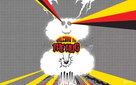 HD PC desktop wallpaper featuring a stylized man-made explosion with bold red, yellow, and black rays, and “Welcome to the HUG” text, tagged Zune.