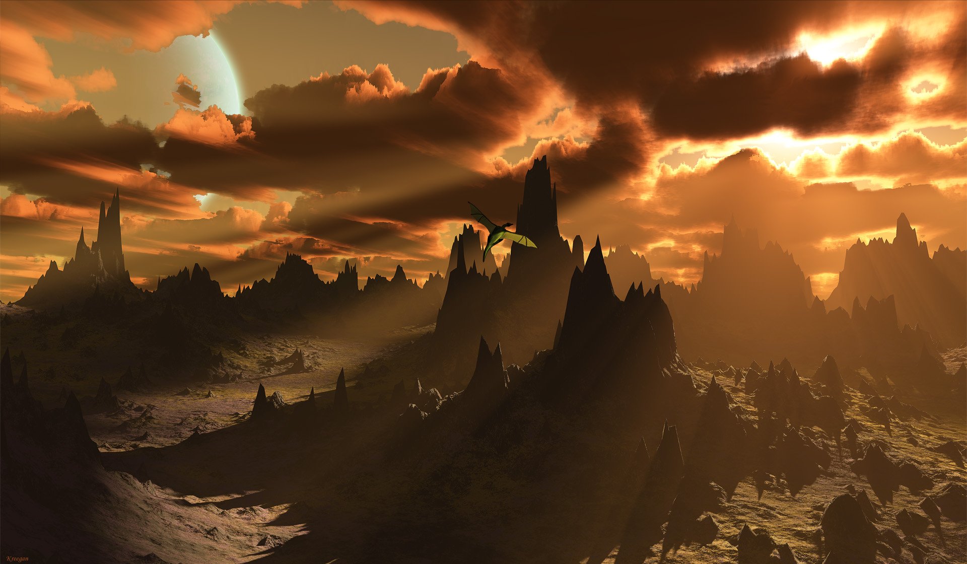 A dramatic fantasy landscape showcases towering mountains against a golden sky, with clouds illuminated by a distant sun, creating an enchanting HD wallpaper for PC desktops.