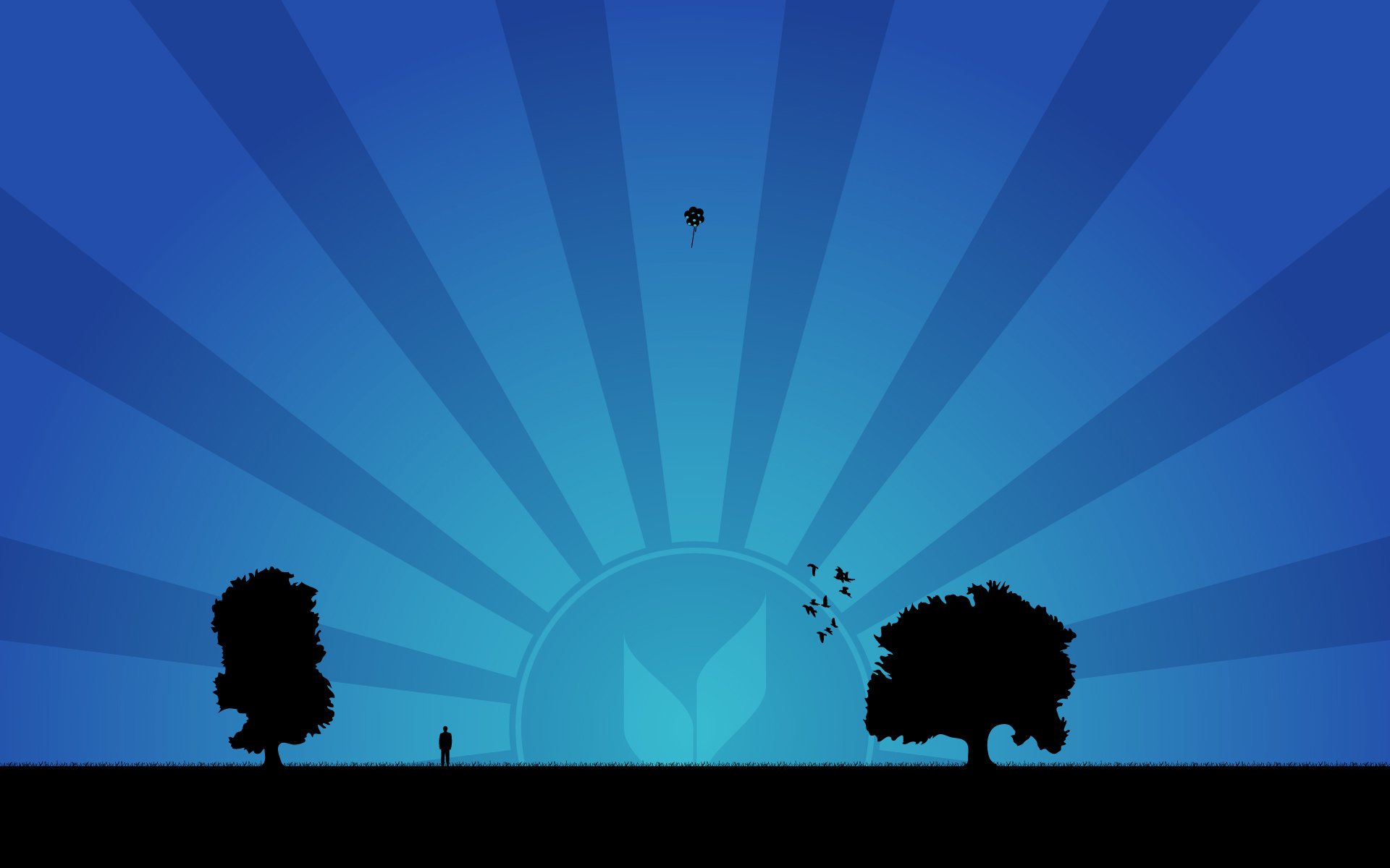 A serene blue gradient background features silhouettes of trees and a lone figure, with rays of light and a balloon floating above, creating an artistic nature scene. HD desktop wallpaper.