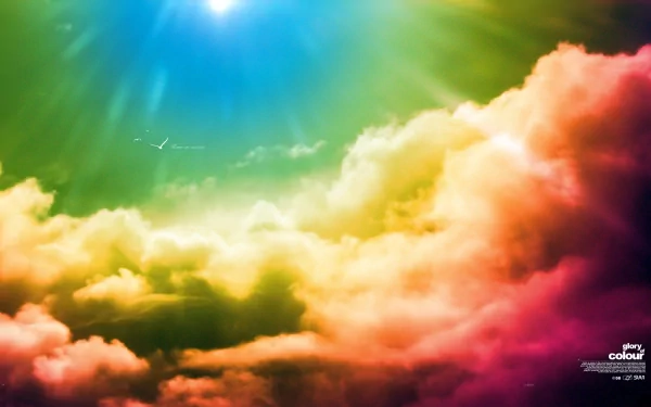 HD desktop wallpaper featuring a vibrant sky with colorful clouds and bright sunlight. Tags include colors, nature, and cloud.