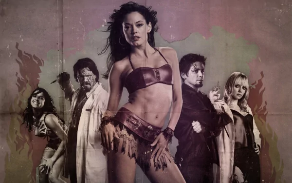 HD PC desktop wallpaper featuring main characters from the movie Planet Terror against a gritty, textured background.