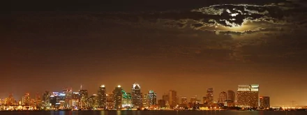 Nighttime panoramic view of San Diego's illuminated skyline with a dramatic cloudy sky, captured in high-definition as a desktop wallpaper and background.