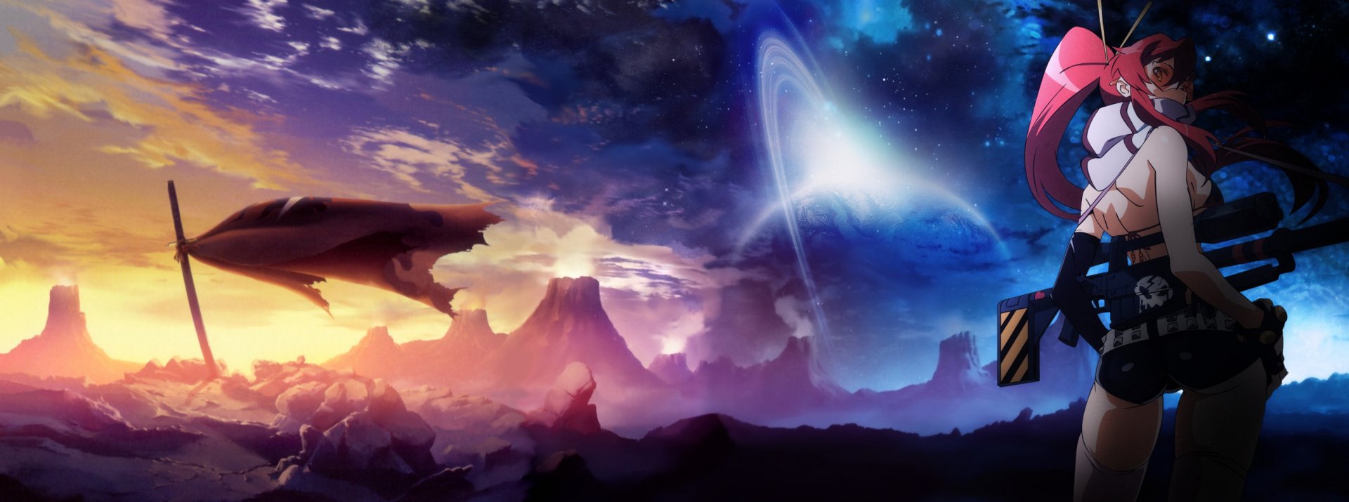 A vibrant HD wallpaper featuring stunning landscapes from the anime Tengen Toppa Gurren Lagann, showcasing a cosmic scene with swirling clouds and distant mountains.