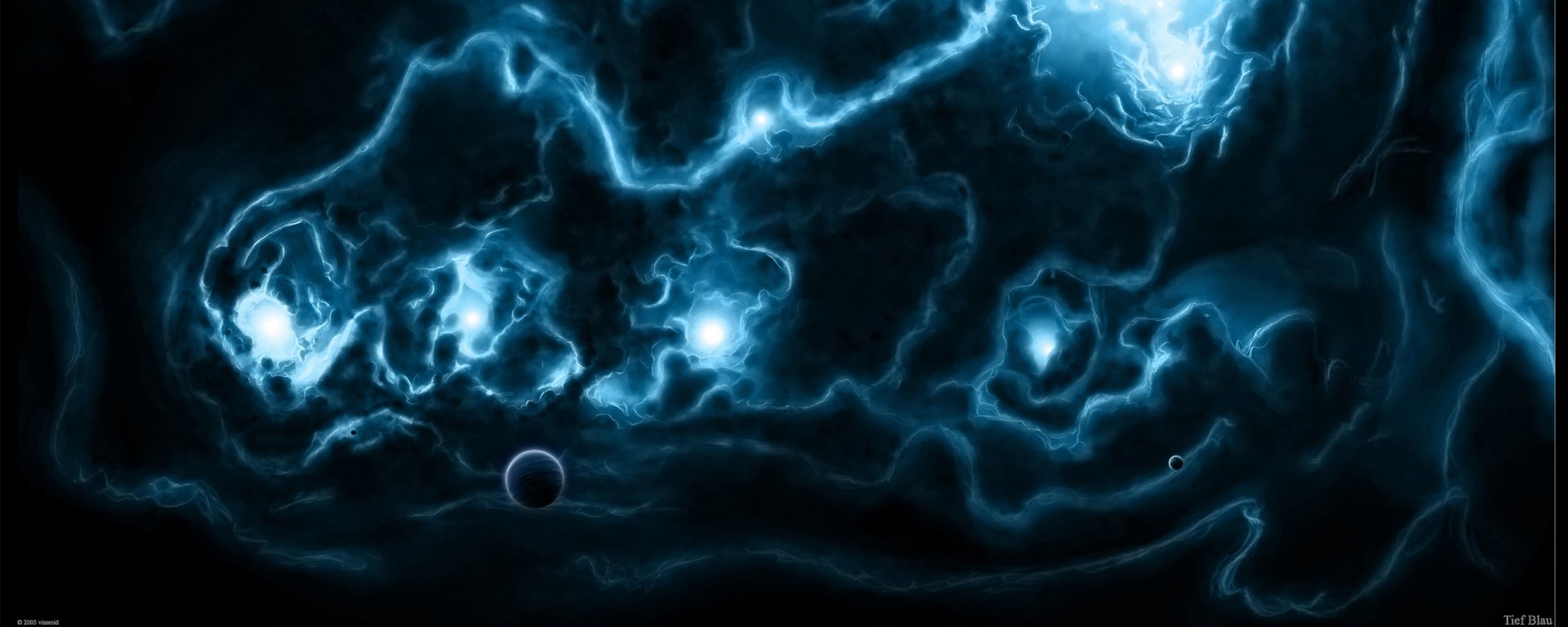 HD PC desktop wallpaper depicting a fantasy space scene with glowing blue nebulae and distant planets, blending artistic cosmic elements in a dark, vibrant setting.