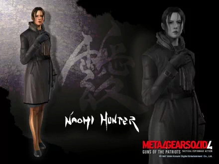 A high-definition wallpaper featuring Naomi Hunter from Metal Gear Solid 4: Guns of the Patriots, set against a dark background with stylized text.