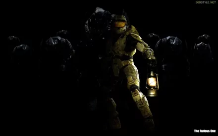HD desktop wallpaper featuring Master Chief from the video game Halo, holding a lantern in the darkness with a Spartan squad in the background.