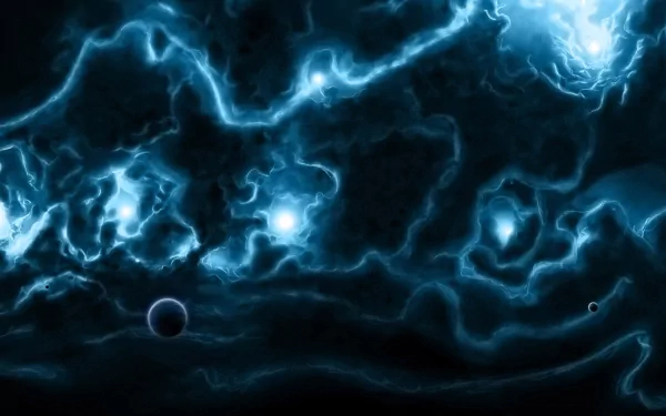 HD PC desktop wallpaper depicting a fantasy space scene with glowing blue nebulae and distant planets, blending artistic cosmic elements in a dark, vibrant setting.