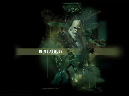 High-definition desktop wallpaper featuring characters and elements from the video game Metal Gear Solid 2: Sons of Liberty, showcasing its distinct artistic style.