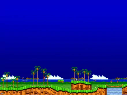 HD desktop wallpaper featuring vibrant scenery from Sonic The Hedgehog 2, showcasing green hills, palm trees, and a bright blue sky, capturing the essence of classic gaming nostalgia.
