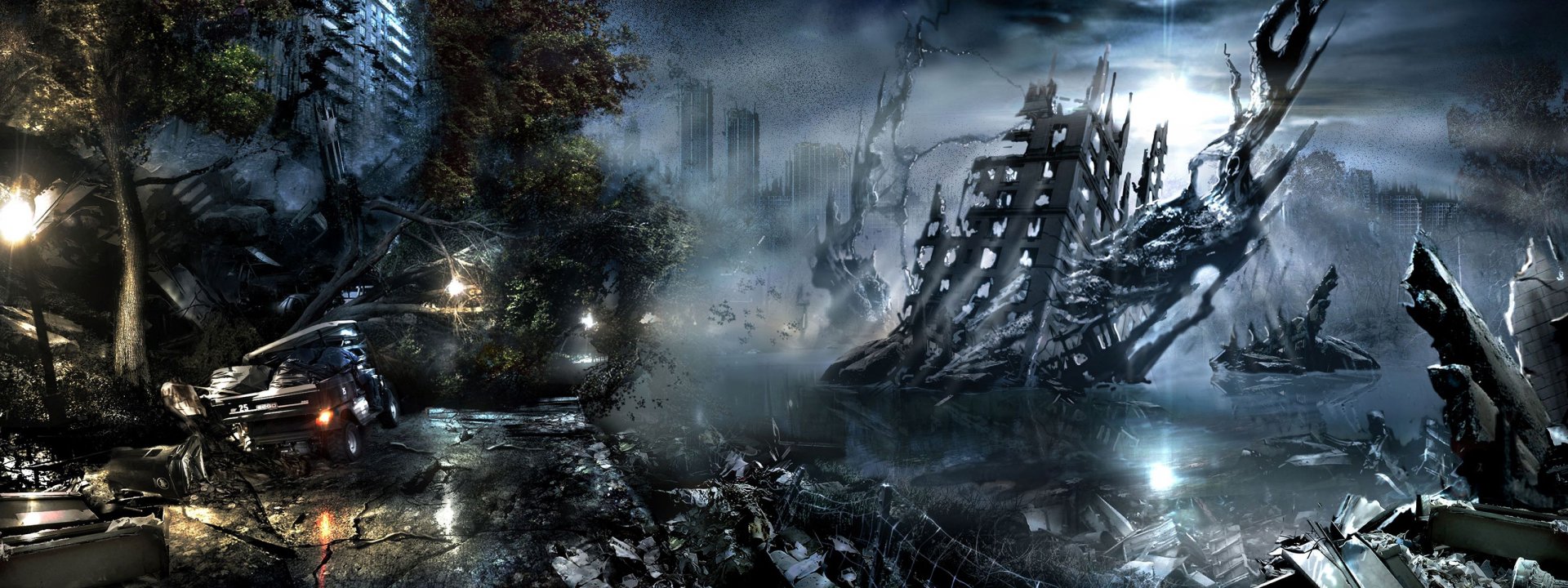 HD PC desktop wallpaper depicting a sci-fi post-apocalyptic cityscape with ruined buildings, dark skies, and eerie, desolate surroundings.