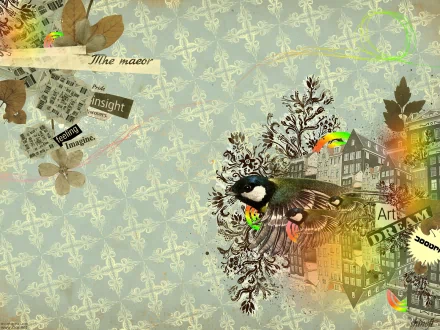 Artistic HD desktop wallpaper featuring a vintage-themed vector graphic with a bird, floral elements, scattered text, and a pattern background.