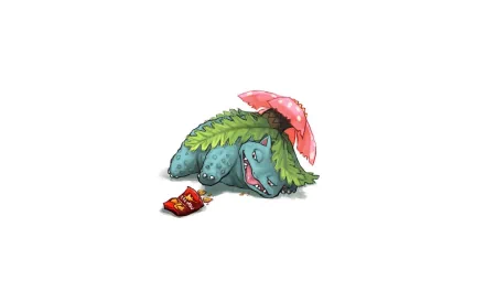 HD wallpaper featuring Venusaur (Pokémon) resting with a large pink flower on its back, on a white background in a playful video game art style.