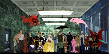 HD PC desktop wallpaper featuring a large group of characters from the TV show The Venture Bros., standing together in a modern, tiled hallway with fluorescent lighting.