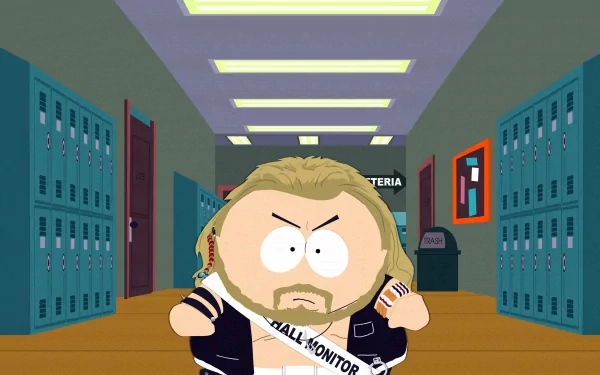 Cartman from the TV show South Park stands confidently in a school hallway, wearing a hall monitor sash, creating an engaging HD desktop wallpaper and background.