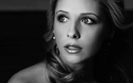 Stunning black and white portrait of blonde celebrity Sarah Michelle Gellar, capturing her captivating gaze and elegant features, suitable as an HD desktop wallpaper or background.