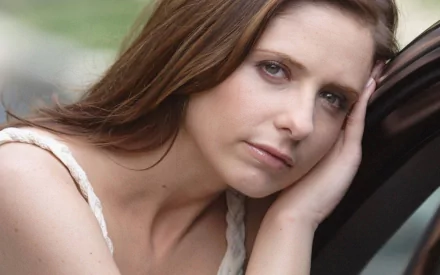 A close-up of Sarah Michelle Gellar, showcasing her contemplative expression. This HD image serves as an eye-catching desktop wallpaper and background.