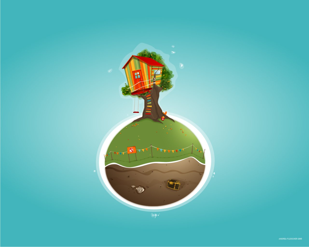 Artistic vector HD desktop wallpaper depicting a small green planet with a treehouse, swing, and underground scene against a blue gradient background.
