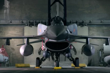 HD desktop wallpaper featuring a front view of a General Dynamics F-16 Fighting Falcon in a military hangar, showcasing its sleek and powerful design.
