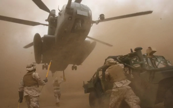 HD desktop wallpaper featuring military personnel and a Sikorsky CH-53 Sea Stallion hovering amid a sandy, chaotic environment.