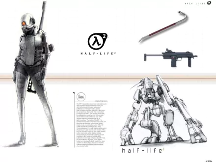 An HD PC desktop wallpaper featuring characters and elements from the video game Half-Life 2, including a character in a suit, weapons, and design sketches.