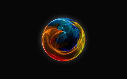 HD desktop wallpaper featuring the Firefox logo, depicted as a glowing orb with swirling colors of blue, orange, and red against a black background, symbolizing technology.