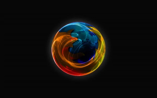HD desktop wallpaper featuring the Firefox logo, depicted as a glowing orb with swirling colors of blue, orange, and red against a black background, symbolizing technology.