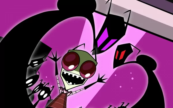A vibrant HD desktop wallpaper featuring characters from the TV show Invader Zim, showcasing Zim with a menacing grin against a bold purple background.
