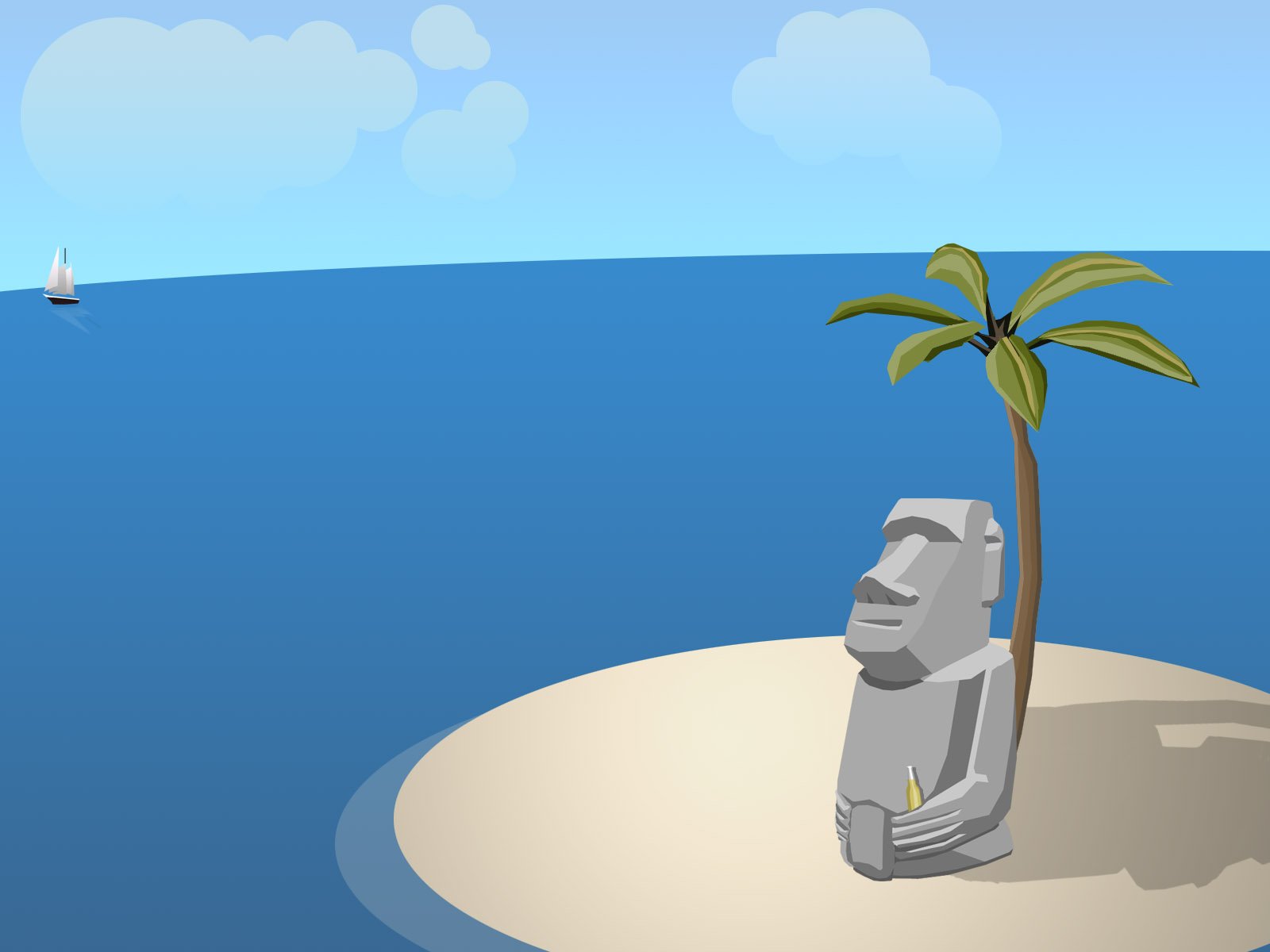 Funny HD PC desktop wallpaper showing a lone Easter Island statue holding a drink under a palm tree on a small sandy island with a distant sailboat.