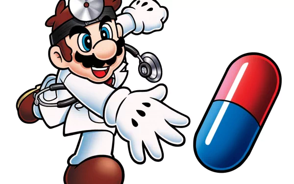 Dr. Mario, depicted as a cartoon doctor throwing colorful pills, creates a vibrant HD desktop wallpaper inspired by the classic video game.