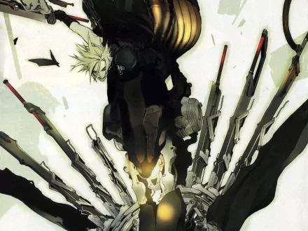 A dynamic HD wallpaper featuring Cloud Strife from Final Fantasy VII: Advent Children, wielding his iconic sword amidst a burst of action and striking visuals.