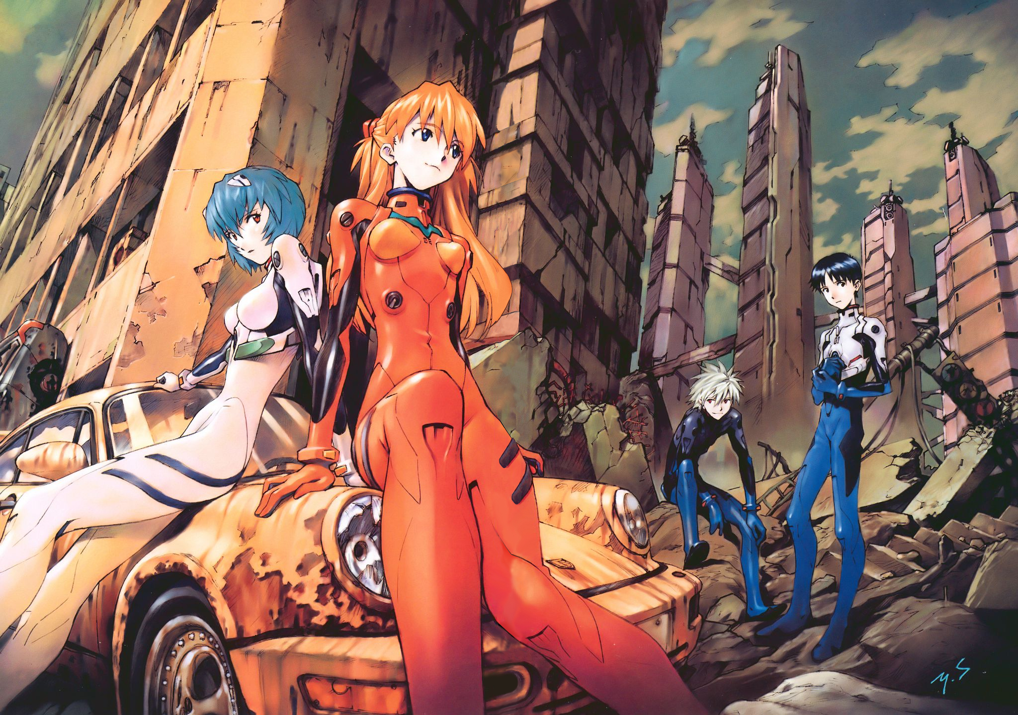Group picture of Asuka, Kaworu, Rei, and Shinji from the anime, Evangelion.
