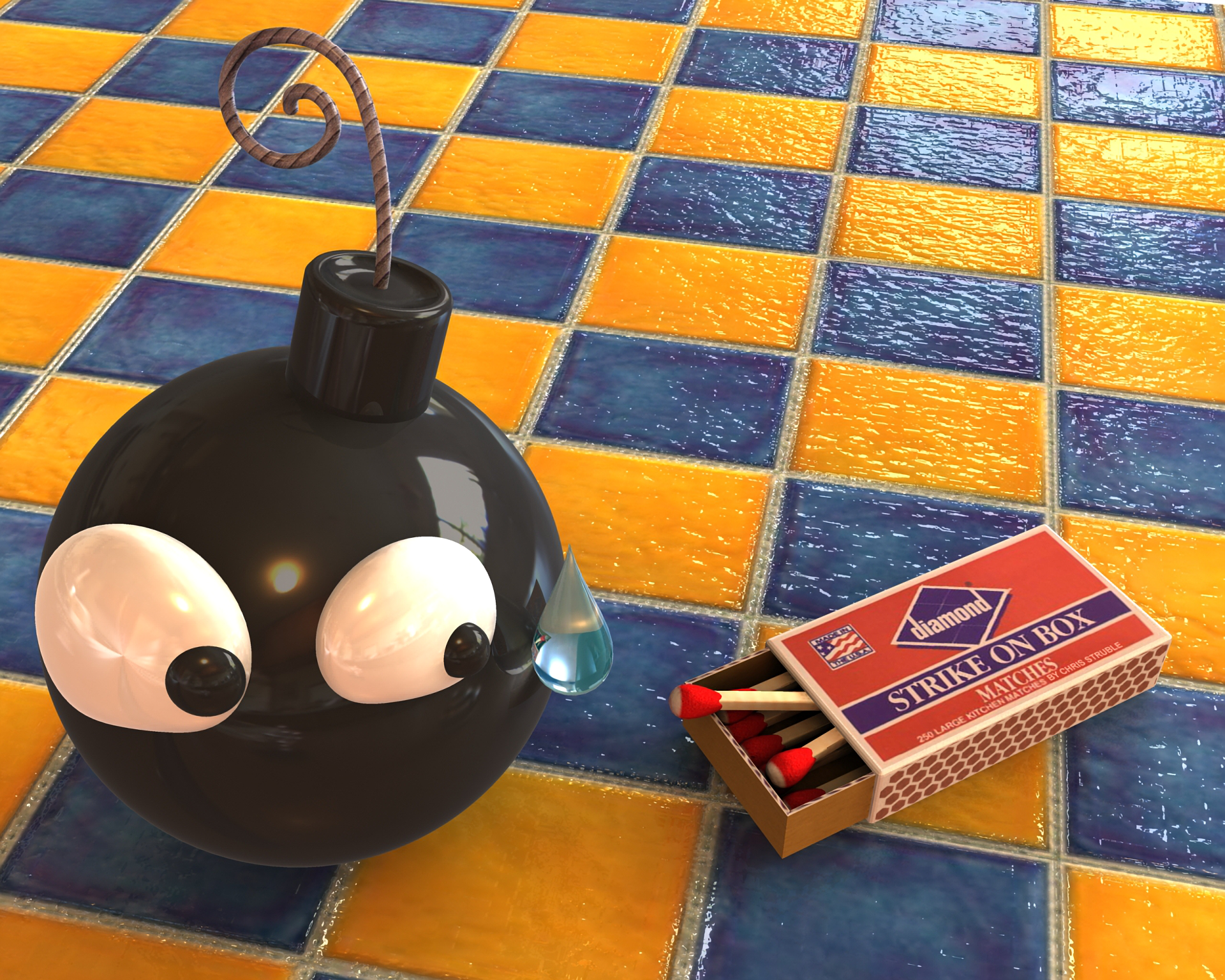 A playful digital art piece showcasing a cartoonish bomb with large eyes beside a matchbox on a vibrant yellow and blue tiled surface, serving as an engaging HD desktop wallpaper.