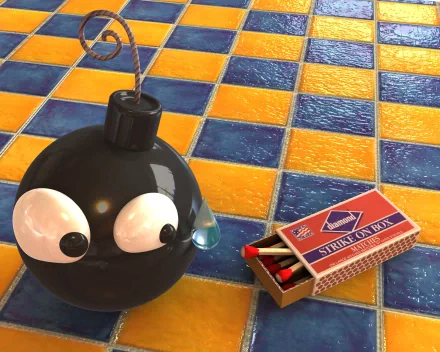 A playful digital art piece showcasing a cartoonish bomb with large eyes beside a matchbox on a vibrant yellow and blue tiled surface, serving as an engaging HD desktop wallpaper.