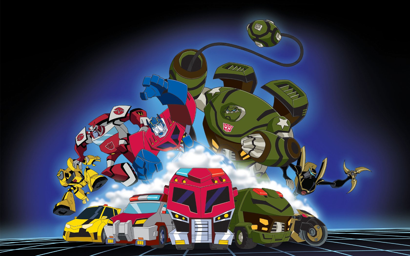 Colorful HD wallpaper featuring iconic characters from the Transformers TV show, showcasing Autobots in dynamic action against a vibrant, dramatic background.