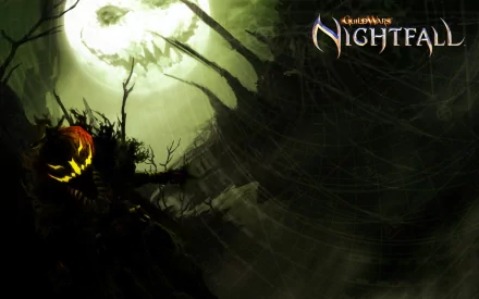 A haunting HD wallpaper featuring a Halloween-themed pumpkin amidst a dark landscape from the video game Guild Wars: Nightfall, set against a full moon backdrop.