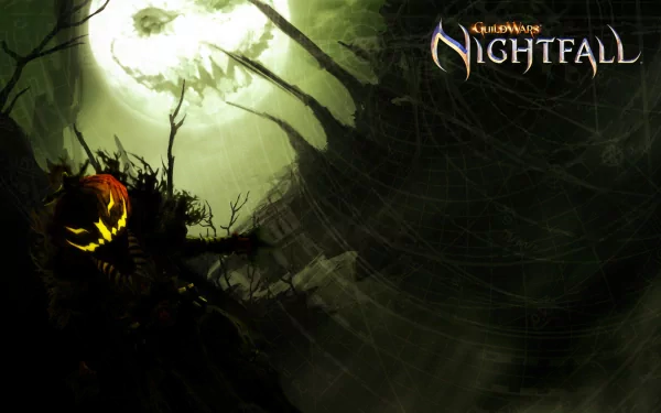A haunting HD wallpaper featuring a Halloween-themed pumpkin amidst a dark landscape from the video game Guild Wars: Nightfall, set against a full moon backdrop.