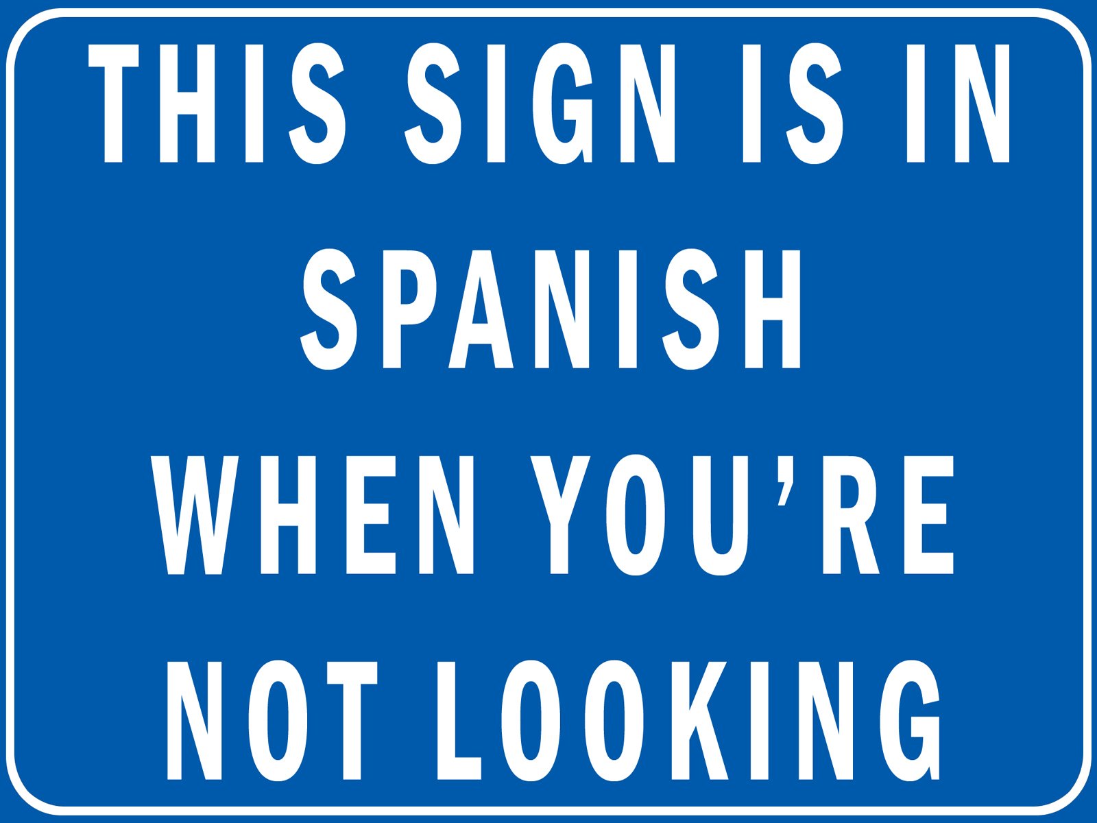 Funny HD wallpaper with a blue background featuring white text that says, This sign is in Spanish when you're not looking.