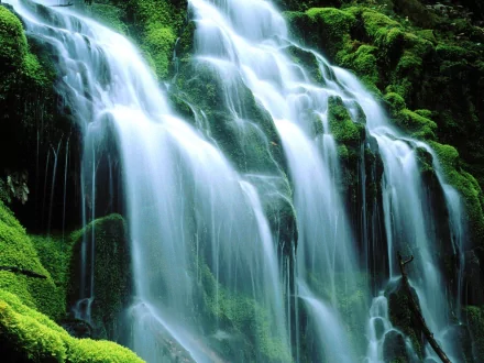 A serene waterfall cascades over moss-covered rocks in this HD nature wallpaper and background image.