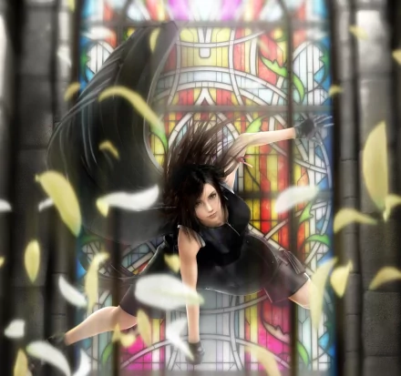 A high-definition desktop wallpaper featuring Tifa Lockhart from Final Fantasy VII: Advent Children. She is in an action pose with a stained-glass window background and petals floating around her.
