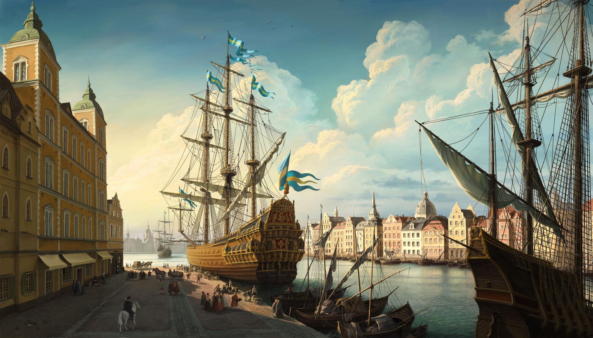 Artistic HD desktop wallpaper depicting a beautifully drawn old ship docked by a historic waterfront city, with other ships in the background and people walking along the quay.