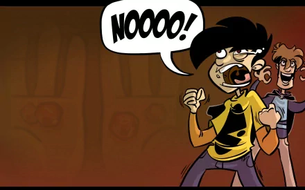 HD PC desktop wallpaper featuring a comic-style Penny Arcade scene with a character shouting NOOOO! against a warm, brown background.
