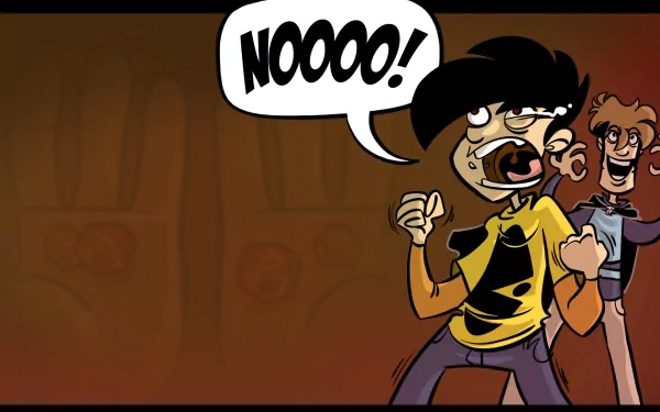 HD PC desktop wallpaper featuring a comic-style Penny Arcade scene with a character shouting NOOOO! against a warm, brown background.