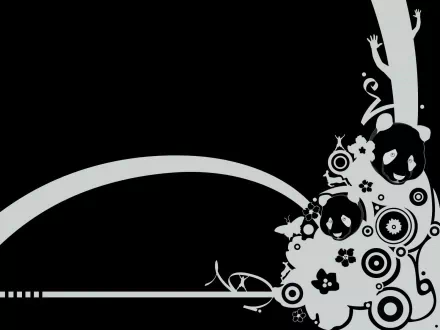 A black and white vector art design featuring stylized pandas, flowers, and abstract shapes, creating a whimsical and artistic HD desktop wallpaper background.