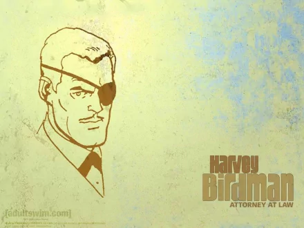 An HD desktop wallpaper featuring Harvey Birdman, the quirky attorney from the TV show Harvey Birdman, Attorney at Law, showcasing his iconic design against a textured background.
