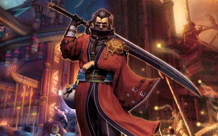 Auron from Final Fantasy X poses confidently with his sword, set against a vibrant backdrop. This HD wallpaper captures the essence of the iconic video game character.