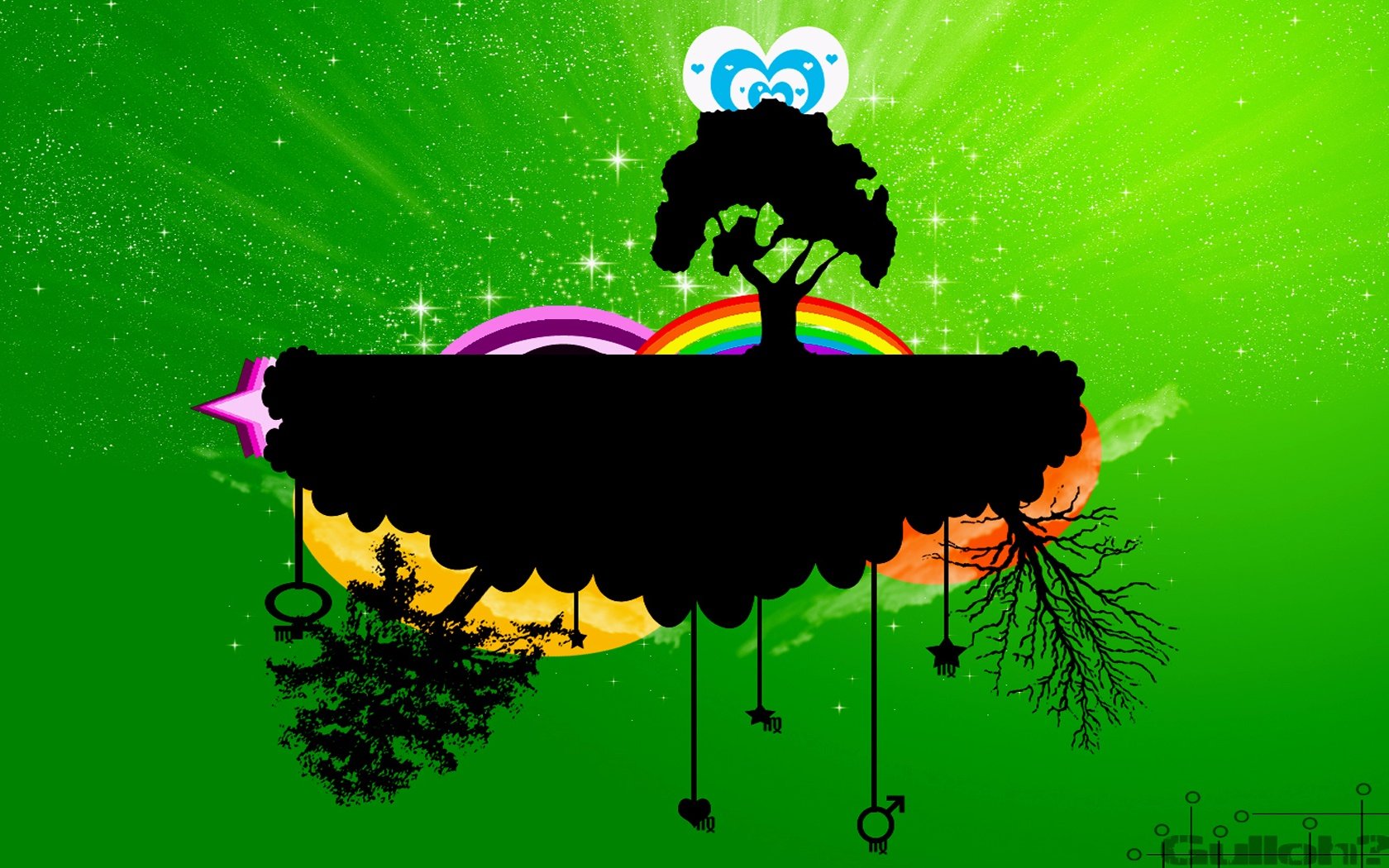 Artistic vector wallpaper featuring abstract trees and swings on a bright green background with rainbows and stars, designed as a high-definition desktop background.